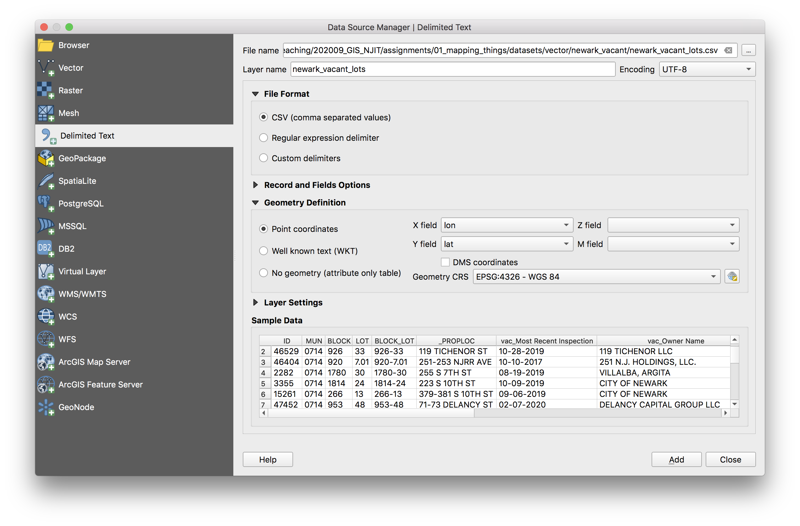 delimited text options